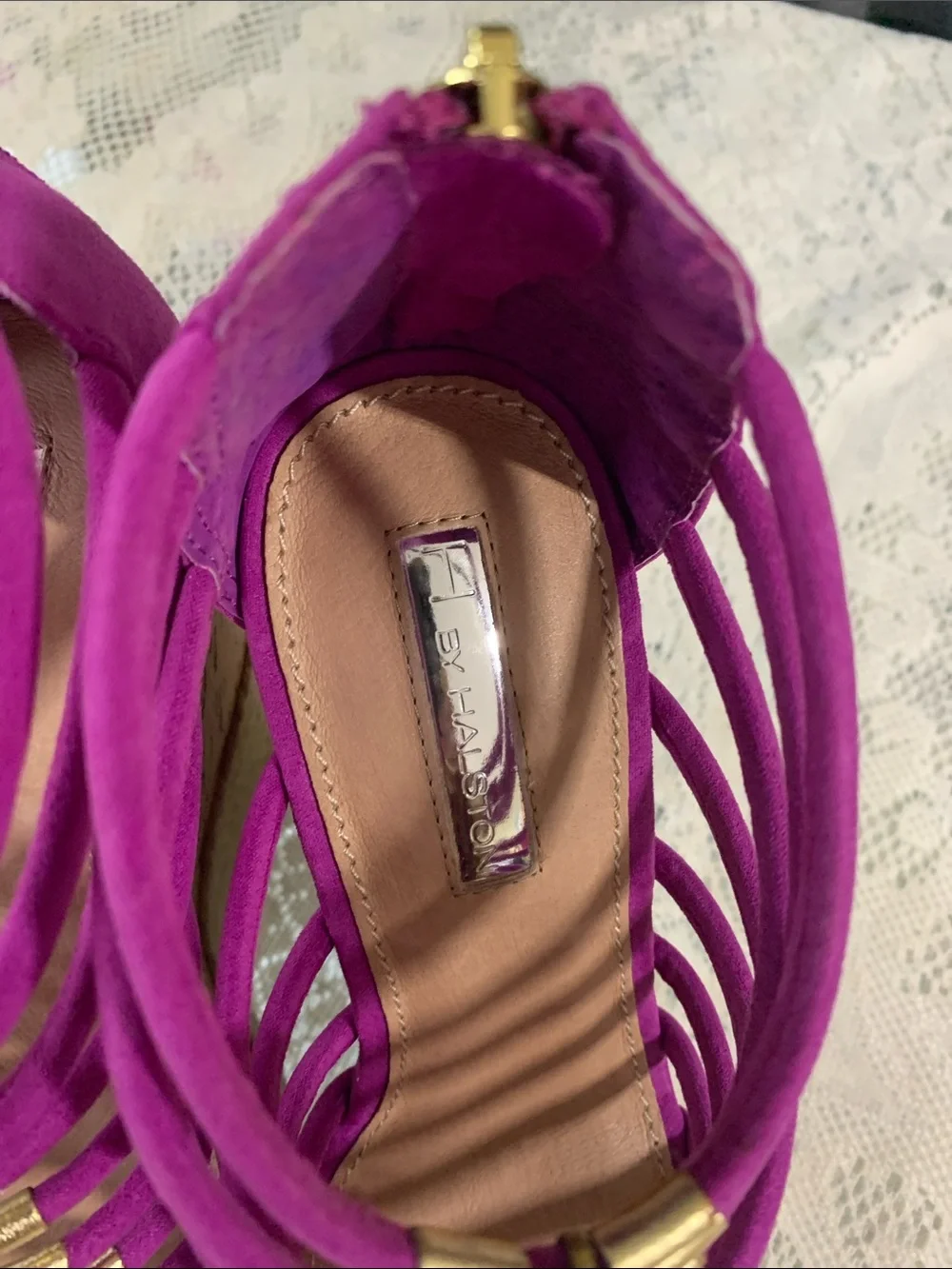 H by Halston Fuchsia Strappy Wedge Sandals with Gold Discs